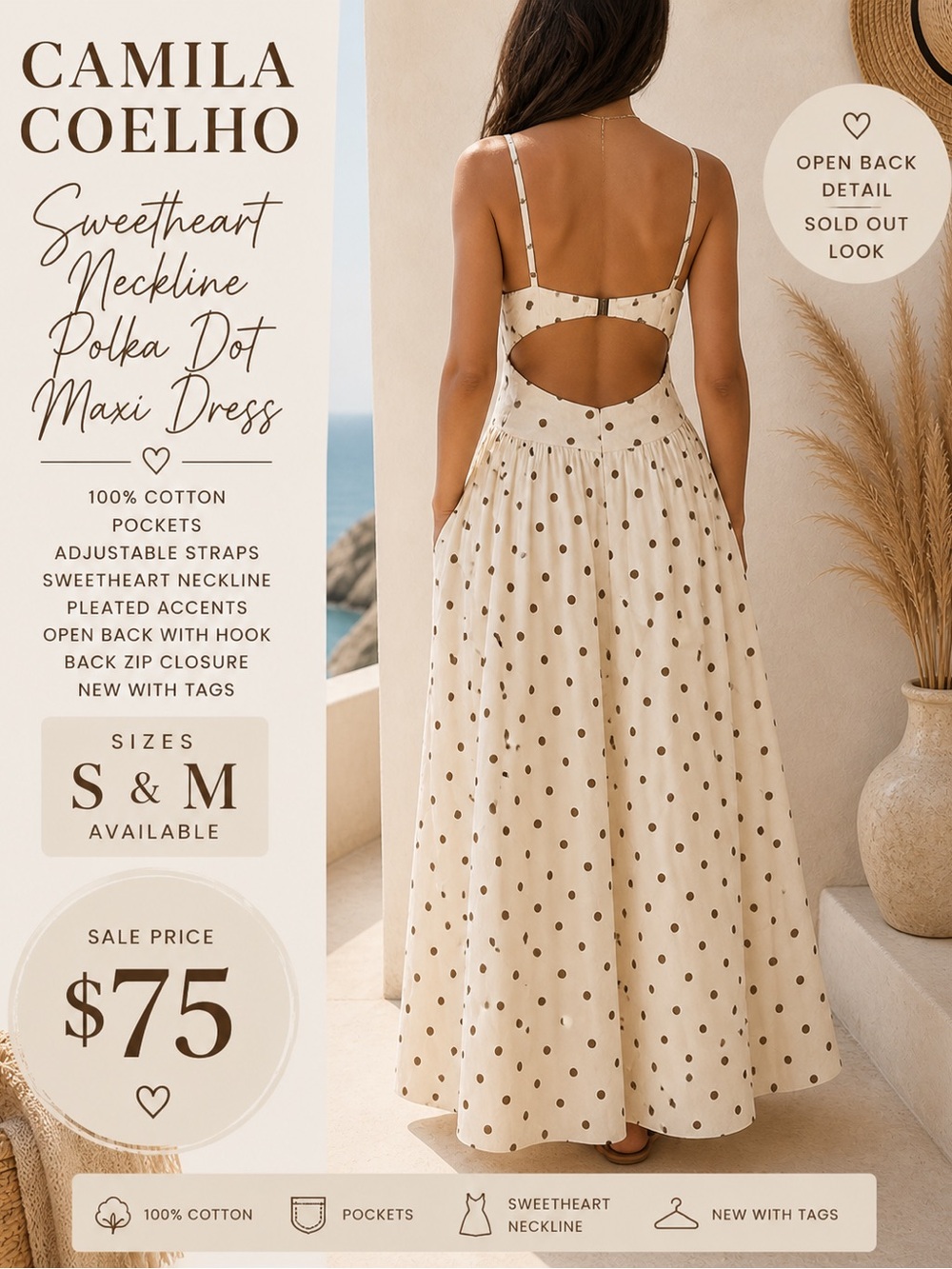Camila Coelho Cream Polka Dot Sweetheart Maxi Dress - Picture 2 of 6